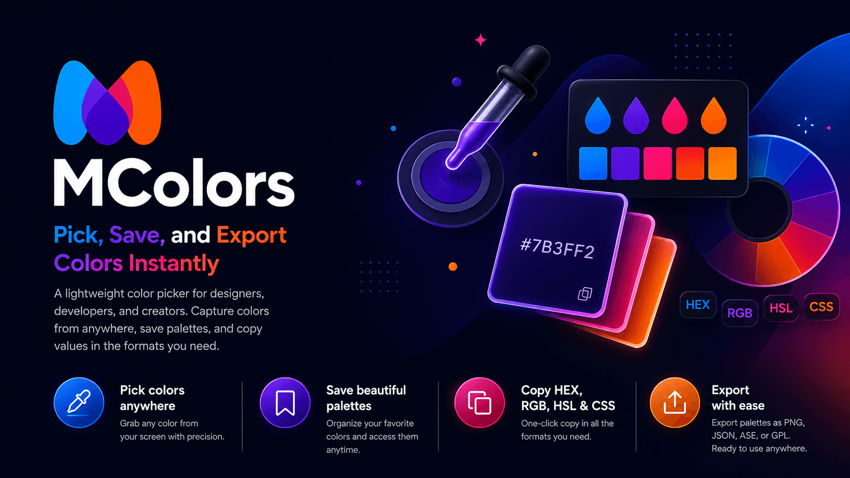 MColors color picker — pick, save, and export colors instantly